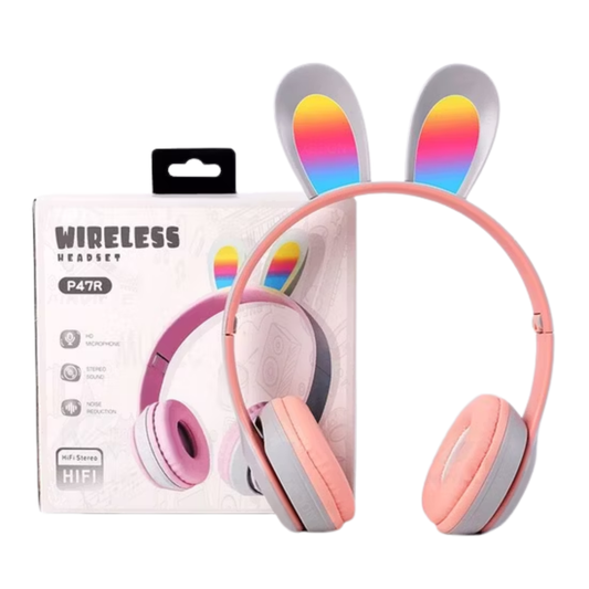 P47R Cute Bunny Wireless RGB glowing LED lights,  Headphones Bluetooth AUX Black & Pink HiFi Sound.