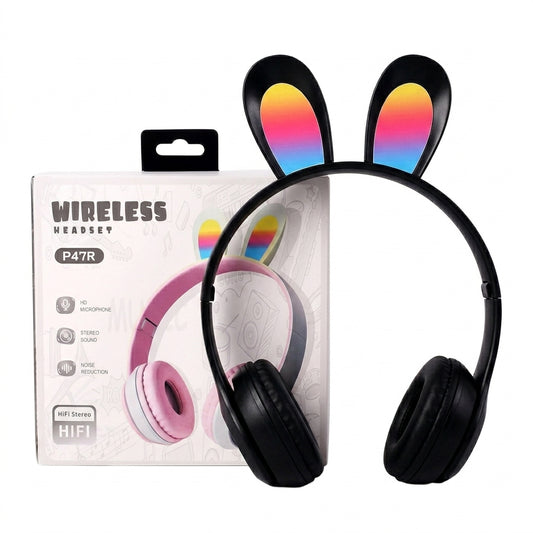 P47R Cute Bunny Wireless RGB glowing LED lights,  Headphones Bluetooth AUX Black & Pink HiFi Sound.